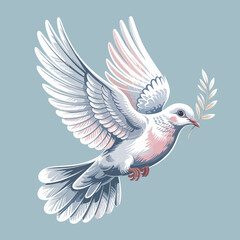 A beautifully illustrated white dove in flight, delicately carrying an olive branch, symbolizing peace and hope, perfect for conveying themes of harmony and tranquility.
