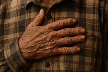 Close-up of elderly man hand on his chest, gesture signify heart and cardiovascular system health concerns, medical issues, or relief after treatment. Themes healthy old age, care, and well-being