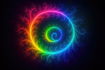 Vibrant glowing fractal spiral pattern with mesmerizing rainbow colors, abstract digital art.