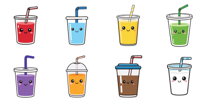 Multiple cute-faced plastic cups of drinks vector illustrations