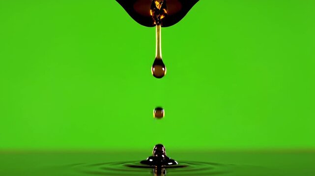 Dynamic Stream of Glossy Dark Syrup Pouring and Pooling in Studio with Green Screen for Compositing