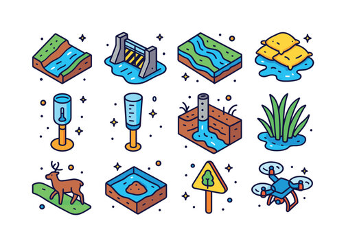 Floodplain Protection Icons. floodplain protection. Colorful iso