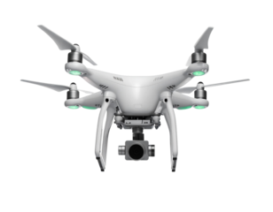 Quadcopter Drone with Camera Gimbal, Front Hovering View, Isolated on White Background 