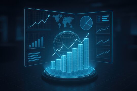 Futuristic business intelligence dashboard, data analysis, financial growth, and global statistics. - Powered by Adobe