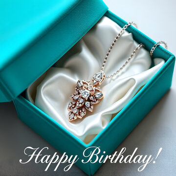 AI Luxury Gift. Luxurious turquoise velvet gift box with white satin interior and sparkling diamond gemstone necklace, elegant festive birthday atmosphere with Happy Birthday
