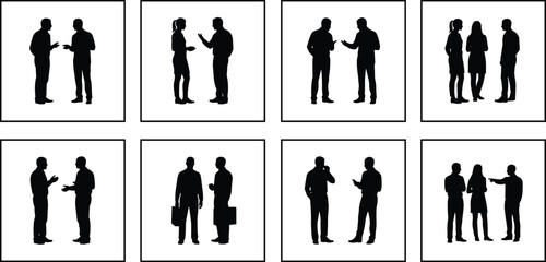 Business communication silhouettes, people interaction, teamwork illustration, professional discussion, office figures, black silhouette, vector art, corporate design