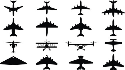 Aircraft silhouette, airplane illustration, helicopter icon, aviation design, military jet, commercial plane, vintage biplane, stealth aircraft, rotorcraft, vector art
