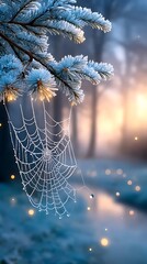 Frosty spider web on a pine branch with soft morning light and a serene winter background
