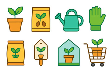 Gardening icons set with plants, watering can, seeds, glove, greenhouse, shopping cart