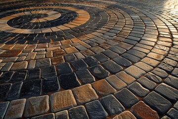 Paving stones forming concentric circles in a decorative design, creating a visually appealing pattern on a walkway or patio
