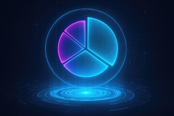 Glowing futuristic neon pie chart showing data visualization, business analysis, and financial.
