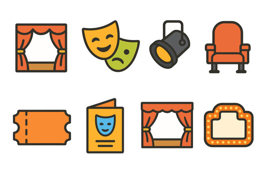 Colorful theater icons including masks, stage, spotlight, ticket, and seat
