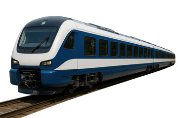 Naklejka premium Modern passenger commuter train on tracks traveling, moving fast, public transport concept, transparent background