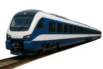 Modern passenger commuter train on tracks traveling, moving fast, public transport concept, transparent background