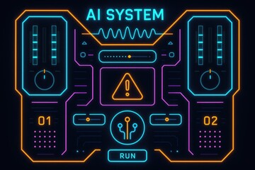 Futuristic ai system interface with glowing neon lines and data visualization display.