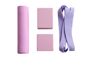 Yoga Essentials: A curated arrangement of yoga equipment, meticulously displayed, ready to elevate the practice and embrace holistic wellness, featuring mat, blocks, and resistance band.