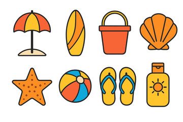 Fototapeta premium Colorful beach icons: umbrella, surfboard, sand bucket, shell, starfish, ball, flip flops, sunscreen