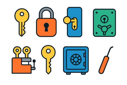Collection of colorful lock and key icons with various security elements