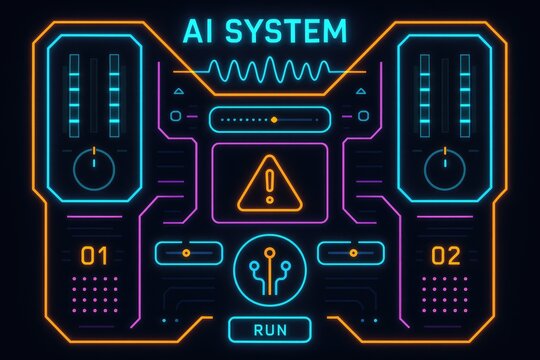 Futuristic ai system interface with glowing neon lines and data visualization display. - Powered by Adobe