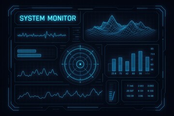 Futuristic high-tech interface displaying a system monitor with data graphs and statistics.