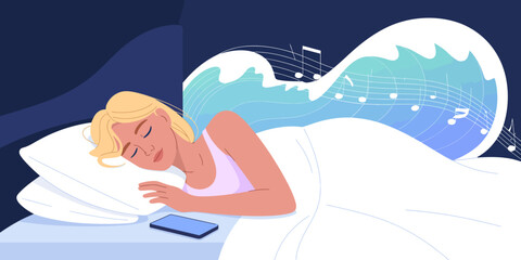 A serene scene of a woman sleeping in bed while surrounded by musical notes and waves, highlighting the soothing nature of sound and restfulness during sleep.
