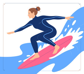 A dynamic illustration of a woman surfing, showcasing her skill as she rides a pink surfboard through energetic blue waves and embodying adventure, freedom, and excitement.