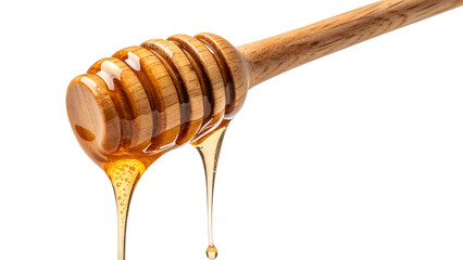 Golden Honey Dripping from Wooden Dipper Stick on White Background - Honey Dripping From Wooden Dipper