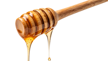 Golden Honey Dripping from Wooden Dipper Stick on White Background - Honey Dripping From Wooden Dipper