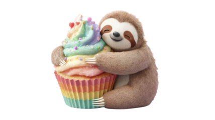cute carttoon sloth hanging colorful cupcake with rainbow decoration adorable playful illustration isolated on white background