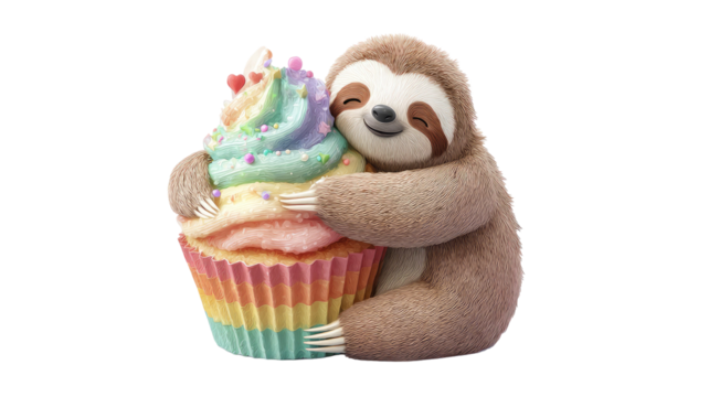 cute carttoon sloth hanging colorful cupcake with rainbow decoration adorable playful illustration isolated on white background - Powered by Adobe