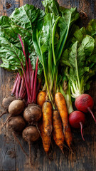 Freshly harvested root vegetables, beets and carrots on rustic wood. Colors are vibrant and the texture is earthy and natural.