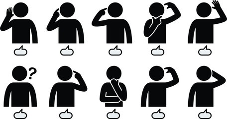 Gesture and speech bubble silhouette set, black expressive figure illustration, non-verbal communication and emotional cue concept graphic