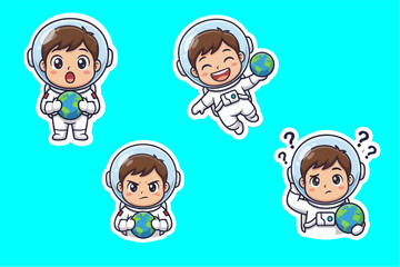 Cute Chibi Astronaut Sticker Set — Brown-Haired Boy in Spacesuit Holding Earth, Five Expressive Faces on Turquoise Background