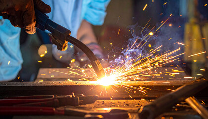 A close-up shot of a metal pipe is being welded and producing bright sparks from the welding works