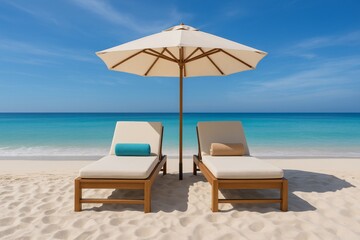 Obraz premium Two wooden lounge chairs with cushions and towels under a large white beach umbrella on a tropical sandy shore with turquoise sea and blue sky. Ai generative