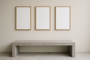 Fototapeta premium Minimalist interior with three blank wooden frames and a modern concrete bench against a neutral wall in contemporary style. Ai generative. Ai generative