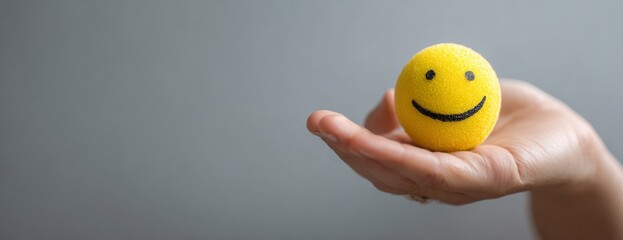 Woman hand holding happy smile sphere, Positive thinking, Mental health assessment, World mental health day concept