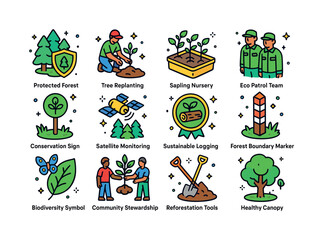 Fototapeta premium Deforestation Reduction Icons Set. Deforestation reduction. Colo