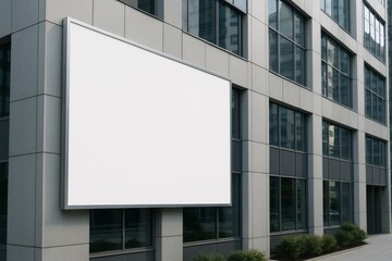 Obraz premium Blank white billboard mounted on modern office building exterior with glass windows and gray panels in urban city environment during daylight. Ai generative