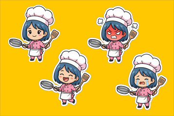 Chibi Girl Chef Sticker Set — Pan & Spatula, Happy, Angry, Crying Expressions