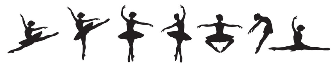 A collection of seven black silhouettes of ballet dancers in various graceful poses, showcasing different movements and positions. © Riki