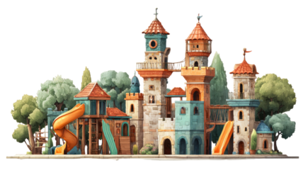 Vector illustration of a medieval stone fortress and church tower in the historic, ancient city of Prague, Europe, featuring old architecture against the sky