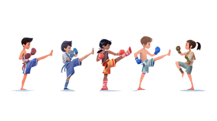 cartoon children practicing martial arts kicking pose wearing boxing gloves playful action illustration on white background