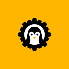 Minimalist penguin icon inside black gear symbol on yellow background, flat vector