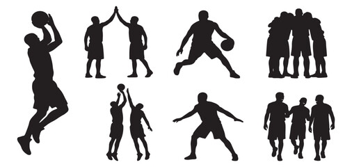Collection of black silhouettes depicting various basketball players in action and team interactions on a white background.