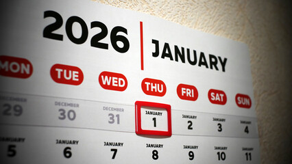 Close-up of a wall calendar 2026 with a red cursor on the date of January 1