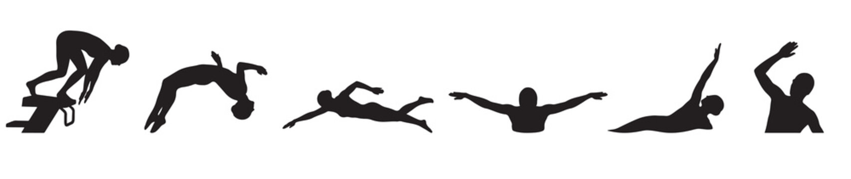 A sequence of black silhouettes illustrating various swimming and diving actions, including a start, a dive, and different swimming strokes.