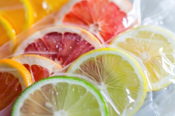 Slices of various citrus fruits like lemon, orange, grapefruit and lime, vacuum packed to preserve their freshness