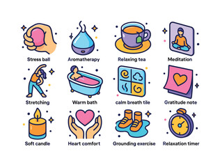 Colorful Stress Relief Icons. Stress relief. Colorful isometric