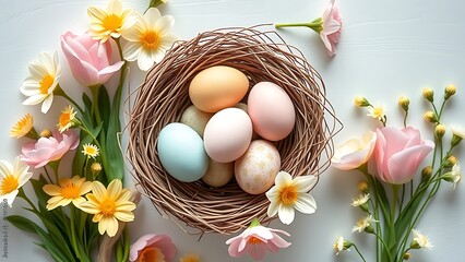 Decorated Easter eggs in nest with spring flowers, seasonal celebration.